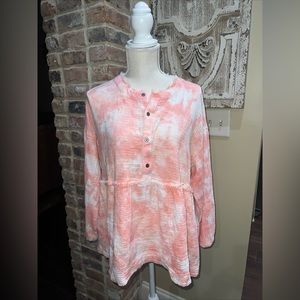 WONDERLY Woman Plus Size 1X Pink Tie Dye Frayed Edges Popover Tunic Top